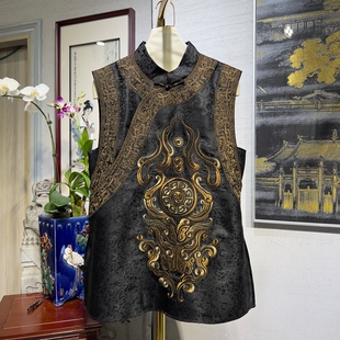 上衣5415 无袖 蓝大原创女装 高端非遗香云纱立领重工刺绣宽松中长款