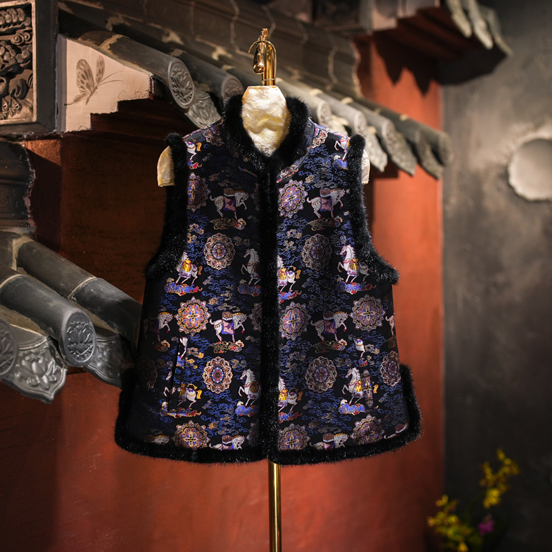 蓝大新中式立领蓝色加绒保暖马甲