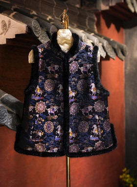 蓝大原创女装高级感蓝色水貂毛拼接桑蚕丝宋锦加绒保暖马夹5651