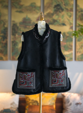 蓝大原创女装凤凰刺绣水貂毛拼接真丝香云纱黑色加棉保暖马甲5475