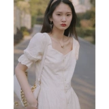 Юбка, белое платье, коллекция 2023, городской стиль, французский стиль, квадратный вырез