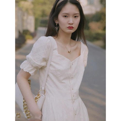 Юбка, белое платье, коллекция 2023, городской стиль, французский стиль, квадратный вырез