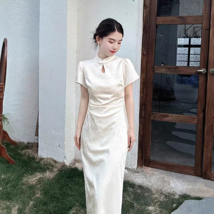 高个子加长版提花旗袍女装新款夏季国风改良新中式连衣裙到脚踝