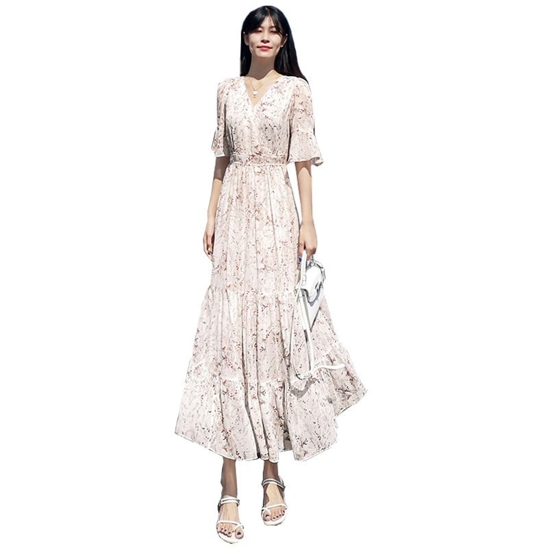 2022夏季新款雪纺短袖碎花显瘦连衣裙V领大摆超长裙到脚踝超仙女
