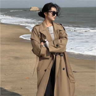 高个子超长款风衣外套女2025新款高级感廓形大翻领双排扣气质大衣