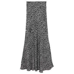 2023春夏高腰显瘦中长款黑白碎花雪纺半身裙子女大摆垂坠A字裙