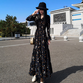 春秋2023新款 超长及踝连衣裙碎花雪纺V领长袖 收腰显瘦到脚踝女裙