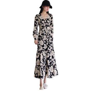 超长款碎花连衣裙到脚踝2023春秋新款长袖收腰显瘦雪纺V领裙及踝