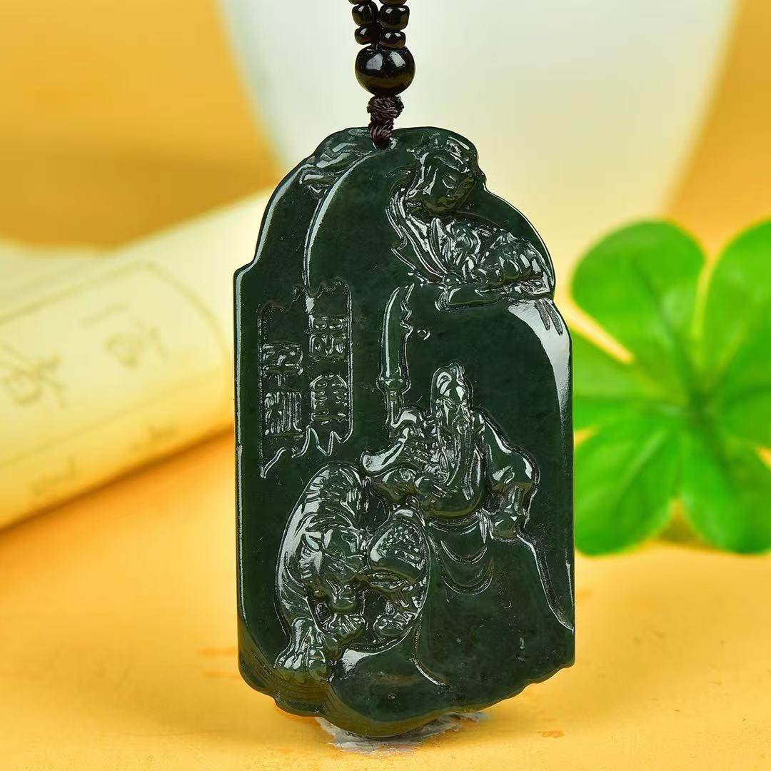 正品和田玉青玉墨玉关公挂件男女款玉吊坠关羽玉佩项链玉石玉坠