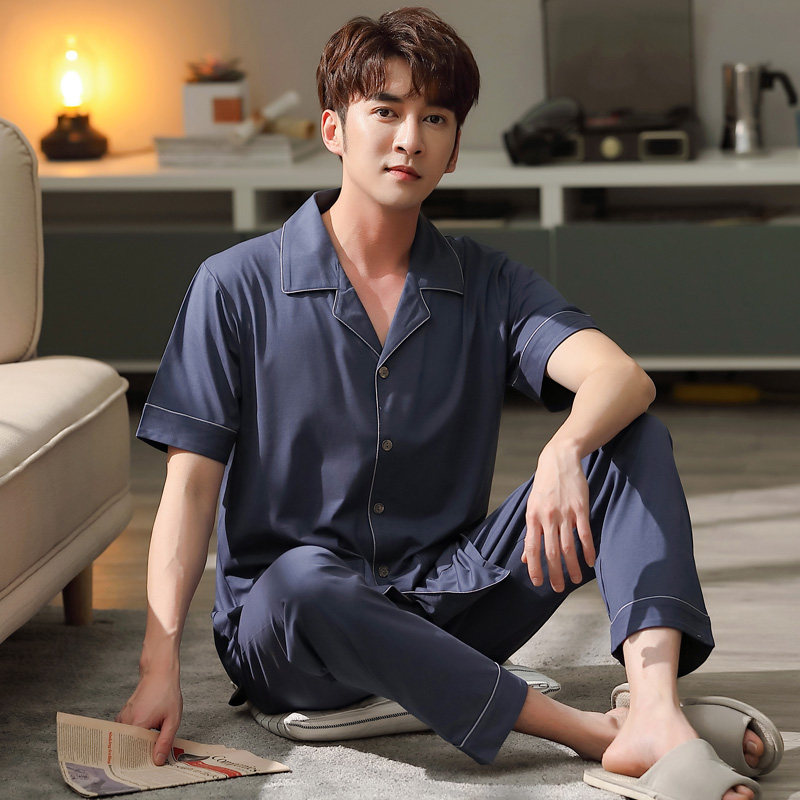 男士睡衣夏季薄款短袖长裤莫代尔棉绸夏天冰丝套装宽松加大码休闲