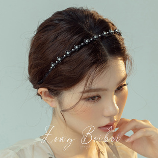 外出头饰 复古压发防滑带齿头箍高级细款 高品黑色花朵发箍女 法式
