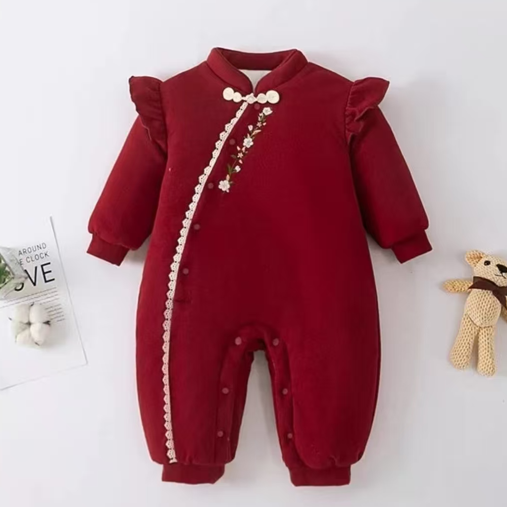 婴儿百日宴宝宝衣服冬季喜庆满月周岁中厚夹棉婴儿夹棉连体衣新款