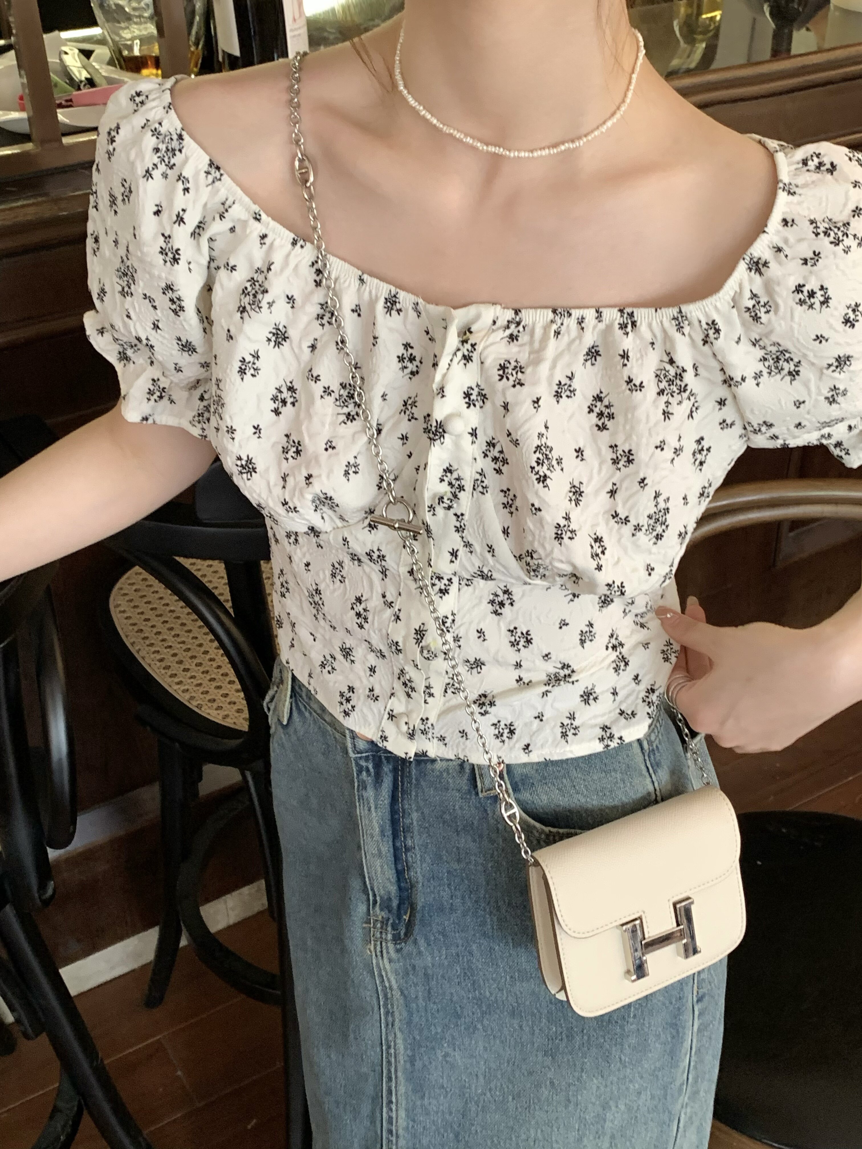 自制唐顿庄园碎花小衫夏季新款短袖小清新甜美泡泡袖上衣短款显瘦