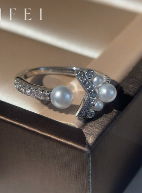 V形s925银开口施家珍珠戒指可调节约瑟芬皇冠指环2026新款手饰女