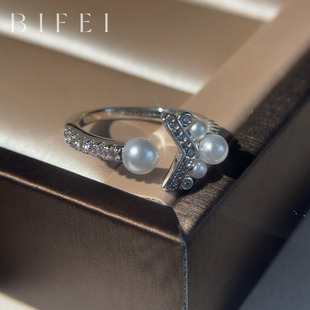 V形s925银开口施家珍珠戒指可调节约瑟芬皇冠指环2025新款手饰女