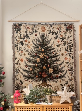 英国威廉莫里斯 田园风氛围感 圣诞树 冬青浆果装饰 圣诞风情挂毯