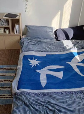 简约中古风马蒂斯蓝色系 小鸟 剪影风格 盖毯卧室盖毯