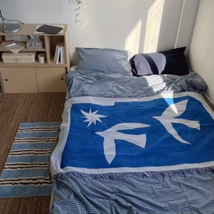 盖毯卧室盖毯 剪影风格 简约中古风马蒂斯蓝色系 小鸟