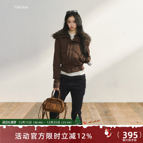 7Shiftin 原创设计秋冬款短款收腰显瘦毛绒外套拉链翻领休闲上衣