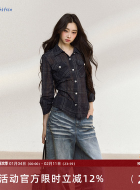 7Shiftin 原创新款通勤穿搭不规则小众设计感格纹长袖衬衫上衣女