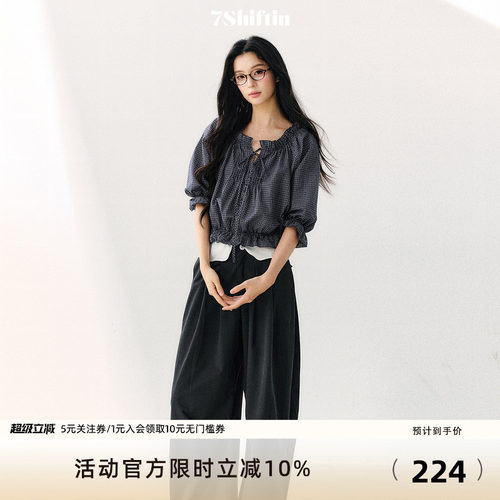 7Shiftin 原创设计格纹泡泡袖休闲上衣收腰系带短袖简约棉质T恤女