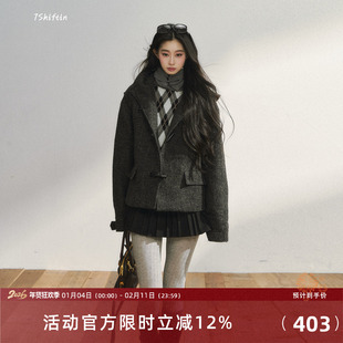 7Shiftin 原创设计冬季新款韩系气质双色毛呢大衣羊角扣短款外套