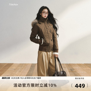 7Shiftin 牛角扣毛领上衣 原创设计双色保暖连帽棉服外套气质短款