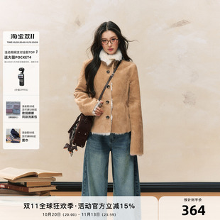 7Shiftin原创设计秋冬新款修身毛绒外衣卡其色保暖皮毛一体外套女