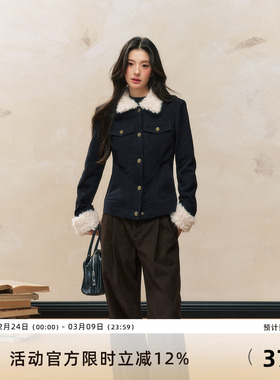 7Shiftin 原创设计秋冬新款修身藏蓝色短款外衣夹棉毛领外套女