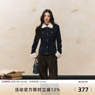 7Shiftin 原创设计秋冬新款修身藏蓝色短款外衣夹棉毛领外套女