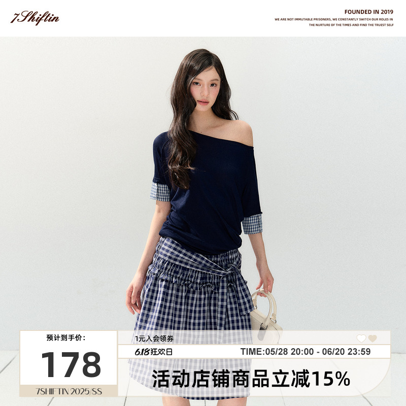 7Shiftin原创设计新款韩系拼接双色斜肩短袖T恤设计感收腰上衣女