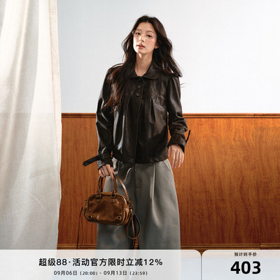 7Shiftin 原创设计甜酷复古风皮衣娃娃领圆扣上衣百搭简约长袖女