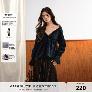 7Shiftin 原创设计法式田园风长袖V领蕾丝喇叭袖上衣抽绳系带衬衫