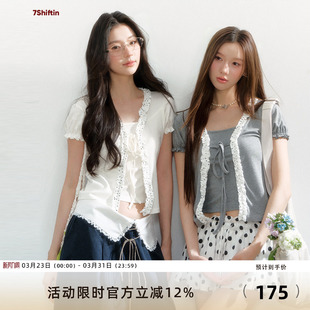 蕾丝绑带短袖 修身 T恤 原创设计双色甜美假两件上衣泡泡袖 7Shiftin
