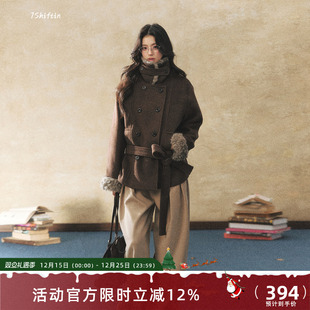 7Shiftin 高级毛领保暖呢子大衣 原创设计双排扣棕色毛呢外套冬季