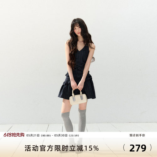 7Shiftin 原创设计春夏新款辣妹收腰无袖格纹连衣裙藏蓝百褶裙女
