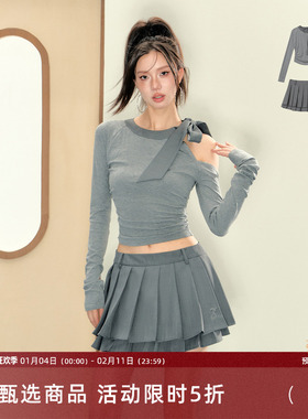 7Shiftin 原创设计露肩灰色上衣辣妹风蝴蝶结长袖套装高腰百褶裙