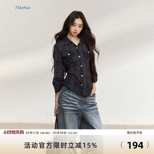 7Shiftin 原创新款通勤穿搭不规则小众设计感格纹长袖衬衫上衣女