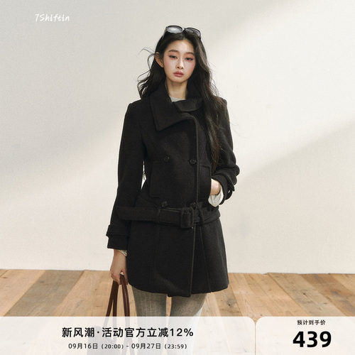 7Shiftin 原创黑色毛呢外套秋冬款双排扣高级可拆卸下摆呢子大衣