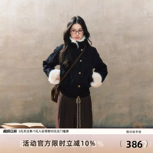 7Shiftin 黑色修身 皮毛一体夹克外套短款 上衣女 原创设计秋冬新款