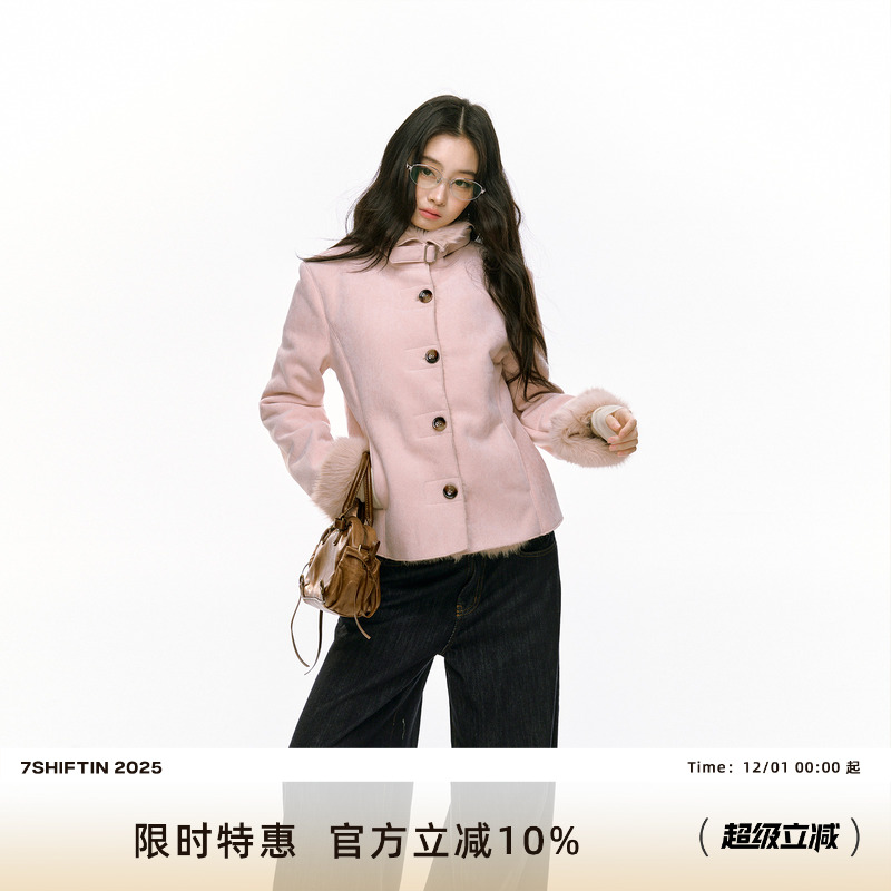 7Shiftin 原创设计秋冬新款双色修身毛绒外衣保暖皮毛一体外套女