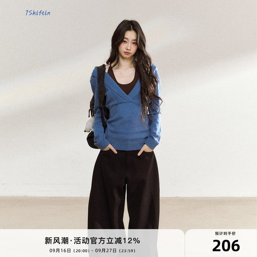 7Shiftin 原创新款设计感美式辣妹蓝色毛衣小众针织打底衫上衣女