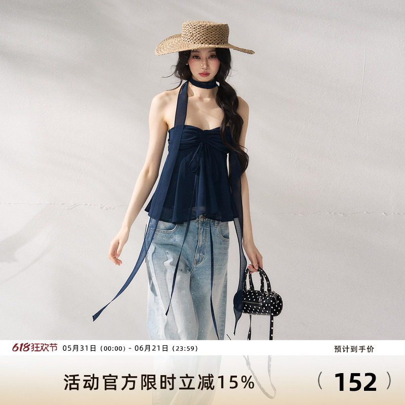 7Shiftin原创设计夏季新款挂脖百搭双色抹胸绑带修身简约纯色上衣