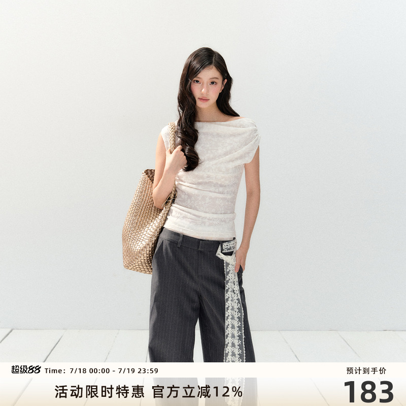 7Shiftin 原创设计春夏新款白色短袖荡领蕾丝针织T恤简约修身上衣