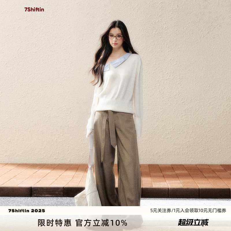 7Shiftin 原创设计卡其色复古直筒休闲裤宽松慵懒显瘦垂感阔腿裤