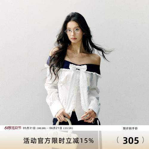 7Shiftin 原创设计蝴蝶结拼接一字肩长袖显瘦衬衫新款假两件上衣