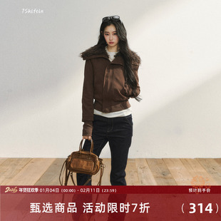 7Shiftin 原创设计秋冬款短款收腰显瘦毛绒外套拉链翻领休闲上衣