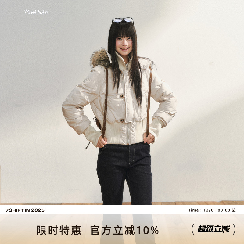 7Shiftin原创设计毛领白色棉服秋冬新款加厚保暖棉衣连帽立领外套