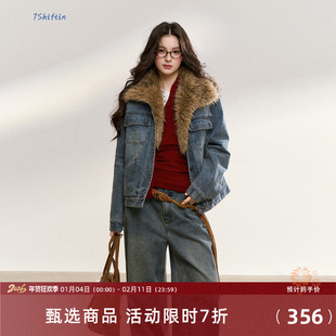 7Shiftin 原创秋冬新款复古拼接夹棉外套设计感气质牛仔夹克上衣