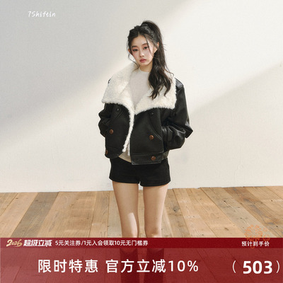 7Shiftin 原创设计黑色短款皮毛一体外套女秋冬款保暖翻领派克服